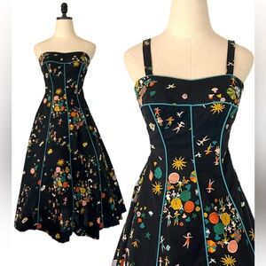 Vintage 1950's Summer Dress Sweetheart Neckline Beach Scene Novelty Print Small